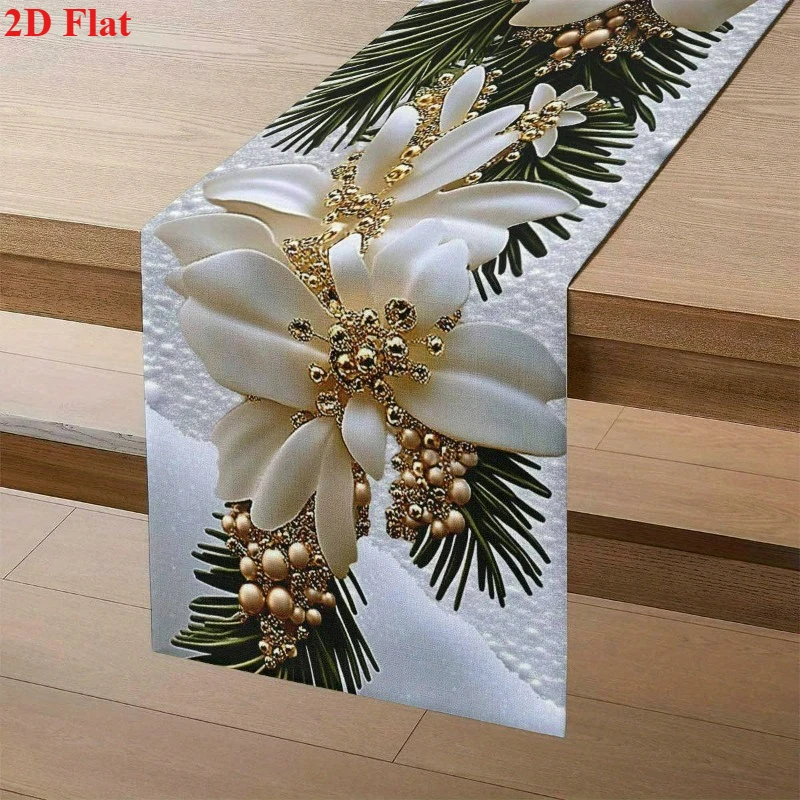 Christmas Table Runner, White‑Gold‑Red‑Green Pine Needles Berries Pinecone Floral Print, Table Decor for Dining Room, Kitchen