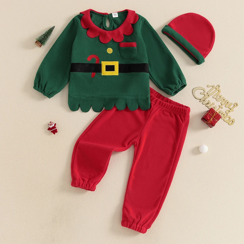 

1-6Y Kid Santa Claus Costume Set Fleece Long Sleeve Tops Elastic Waist Pants Hat Cosplay Costume for Christmas Halloween Party