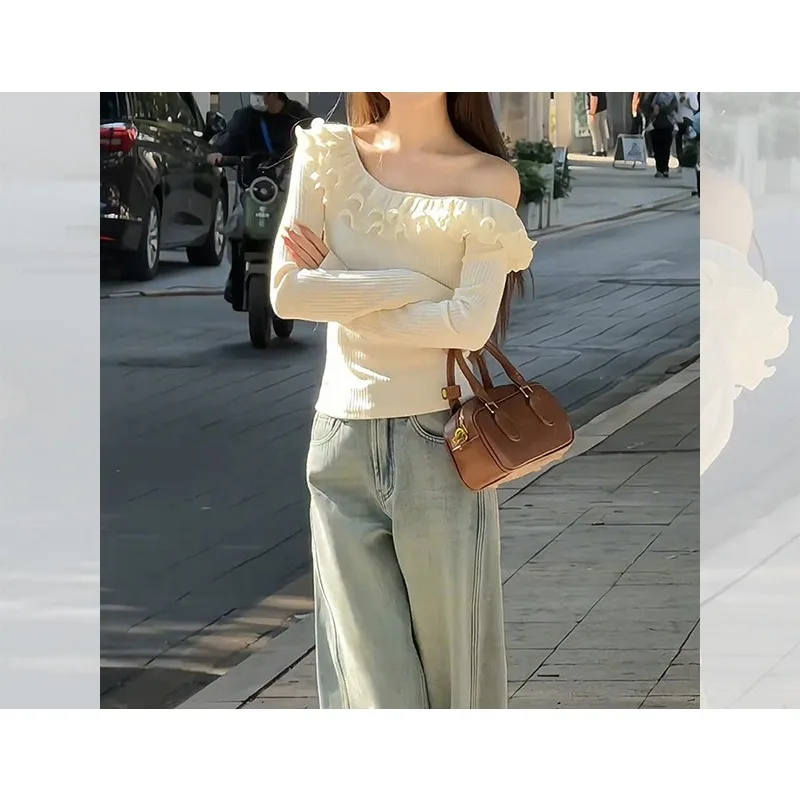 

Apricot One-shoulder Ruffled Long-sleeved Sweater Women's Spring and Autumn Bottoming Shirt Off-the-shoulder Dress