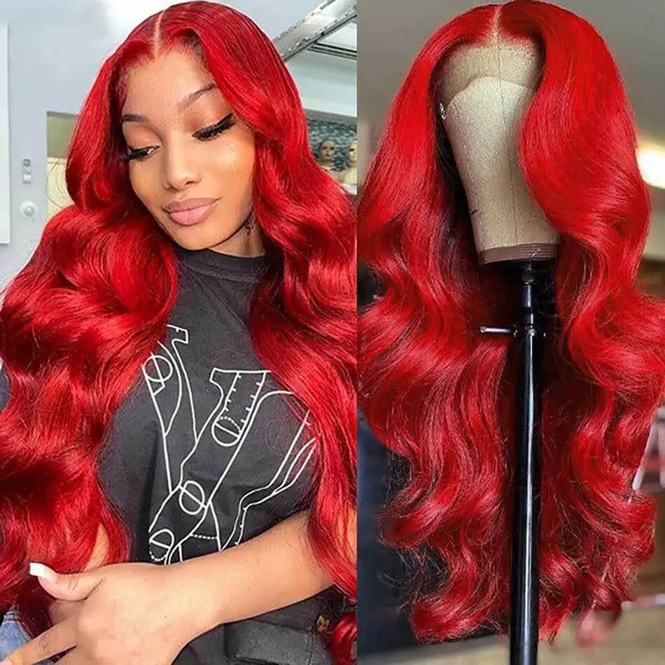 13x4 quente natal vermelho colorido hd frente do laço perucas de cabelo humano onda do corpo perucas de cabelo humano tuneful hd perucas frontais do laço transparente