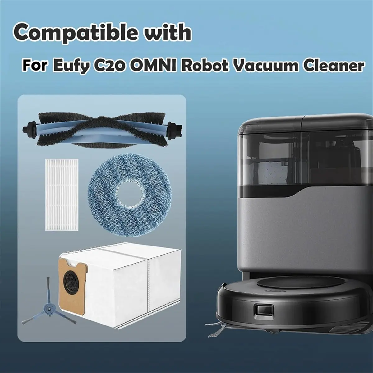 

(ABPO) Аксессуары для робота-пылесоса Eufy Omni C20: сменные запчасти, основная и боковые щетки, HEPA-фильтр, салфетка для влажной уборки, мешок для сбора пыли