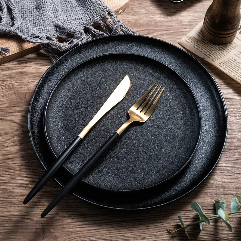 

Simple Ins Ceramic Plate Wind Tableware Black Frosted Round Square Western Steak Wholesale Household