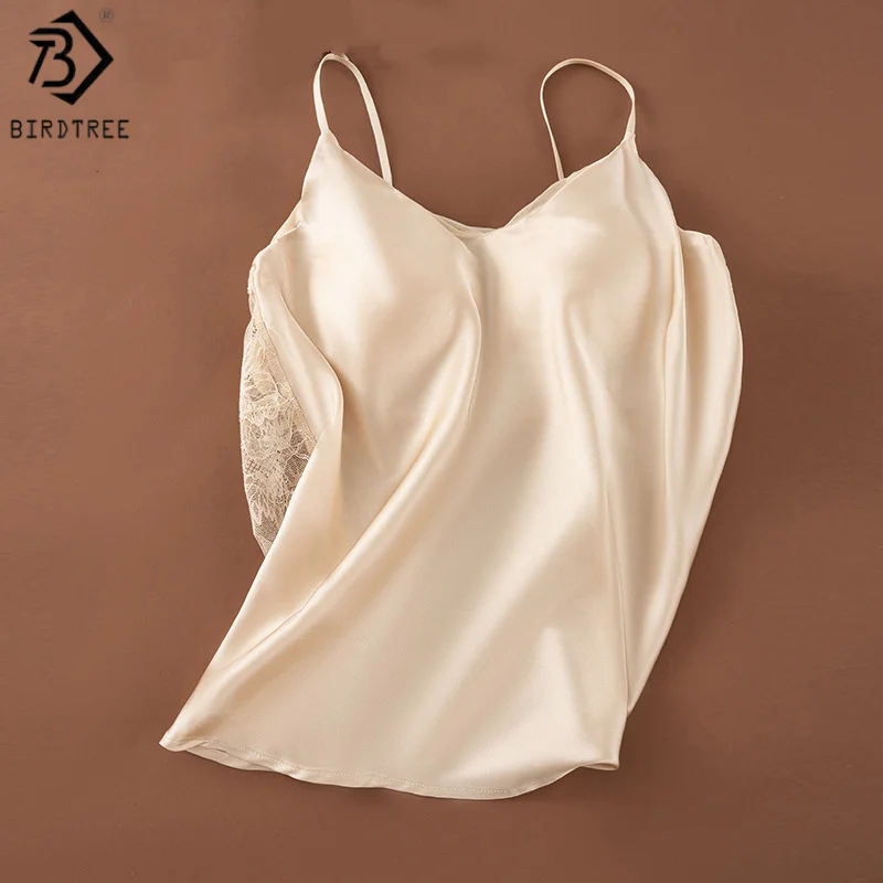 

Birdtree,Woman's 19MM 93% Silk 7% Spandex Tank Top,with Built In Bra Vest,Solid Lace V-neck Sling Tops,2026 Spring New T61510JF
