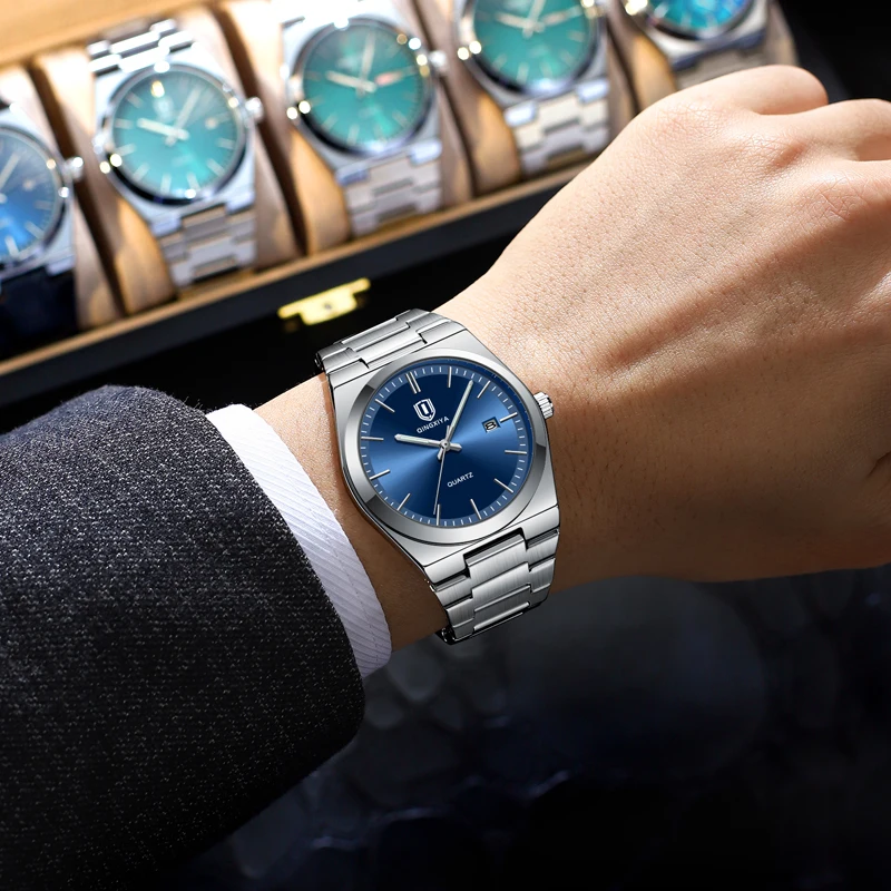 QINGXIYA ساعة فاخرة للرجل مقاوم للماء تاريخ مضيئة الفولاذ المقاوم للصدأ ساعة رجالية عادية كوارتز ساعات رجالية ساعة رجالية + صندوق