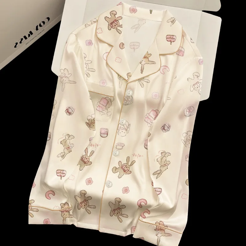 Spring Autumn Fashion Lapel Cream Doll Rabbit Printing Pajamas Long Sleeves Trousers Two-piece Set Real Photo Soft Satin Silk