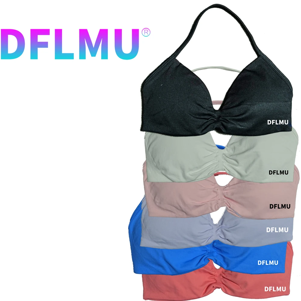 DFLMU Damen Neckholder Sport-BH Push-Up mit Riemchen, sexy, offener Rücken, Gym Crop Top, gepolstert, nahtlos, Workout Yoga Tank Top