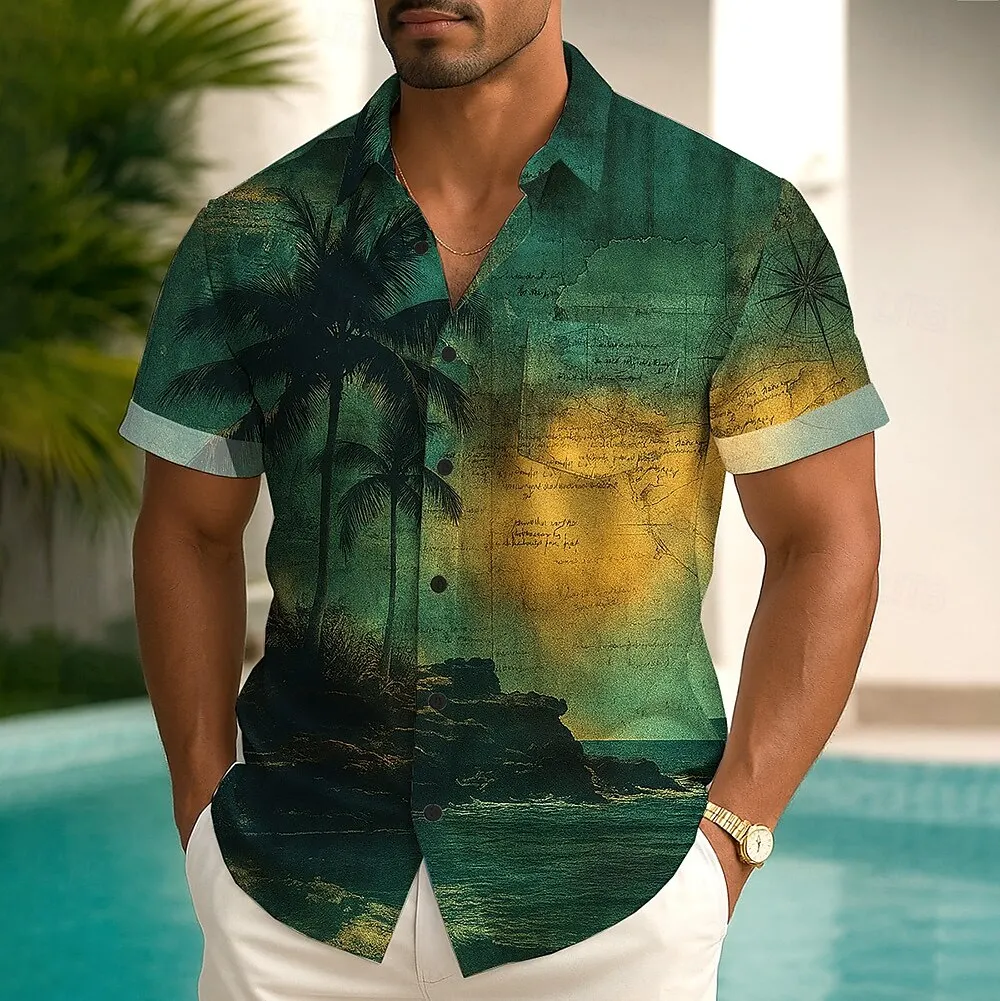 

Мужская летняя гавайская рубашка с тропическими растениями кокосовой пальмы, рубашка на пуговицах, рубашка Aloha с коротким рукавом, гавайская праздничная пляжная одежда