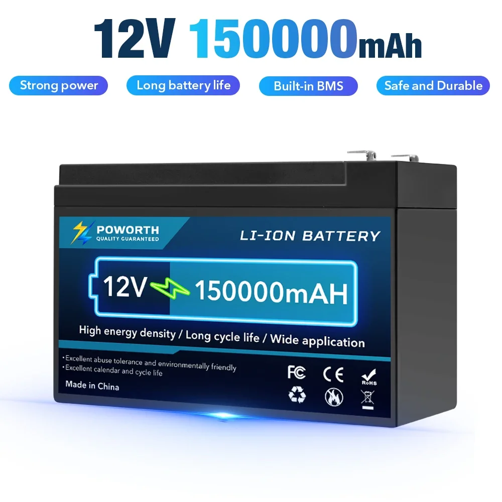 

12V 150000mAh 18650 Li-Ion Rechargeable Battery for Solar/Wind Power UPS Scooters Lighting Power Wheels Fish Finder Built-in BMS