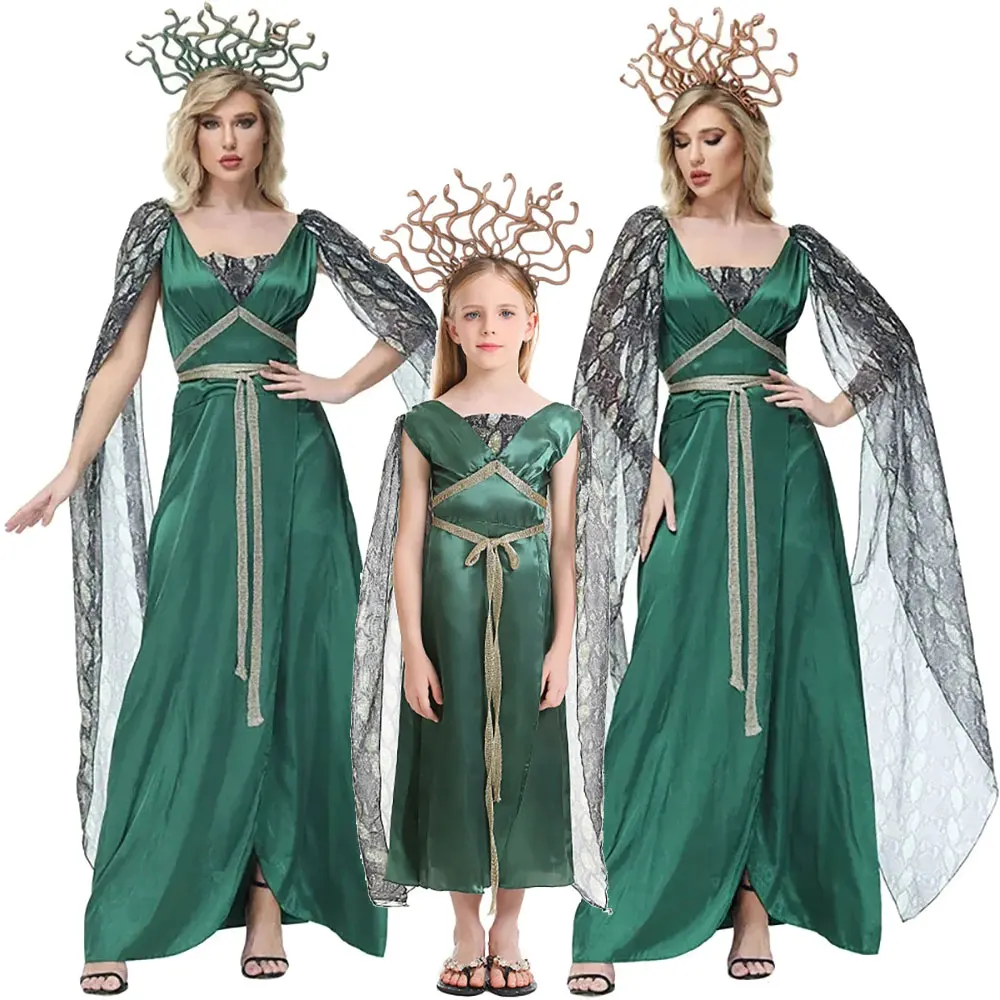 

Goddess Medusa Headgear Skirts Green Dress Cosplay Women Costume Dance Party Perfemence Clothing Halloween Carnival Suits