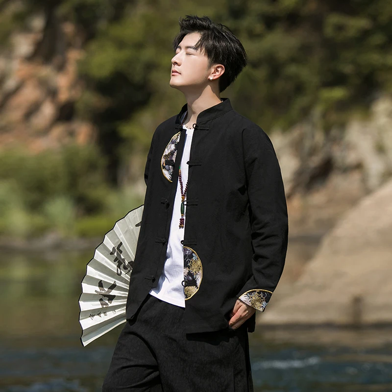 

Retro Hanfu Button Jaet Embroidered Cotton Linen Loose Men's Spring Autumn T Top Chinese Sle Youth Faion Long Sve
