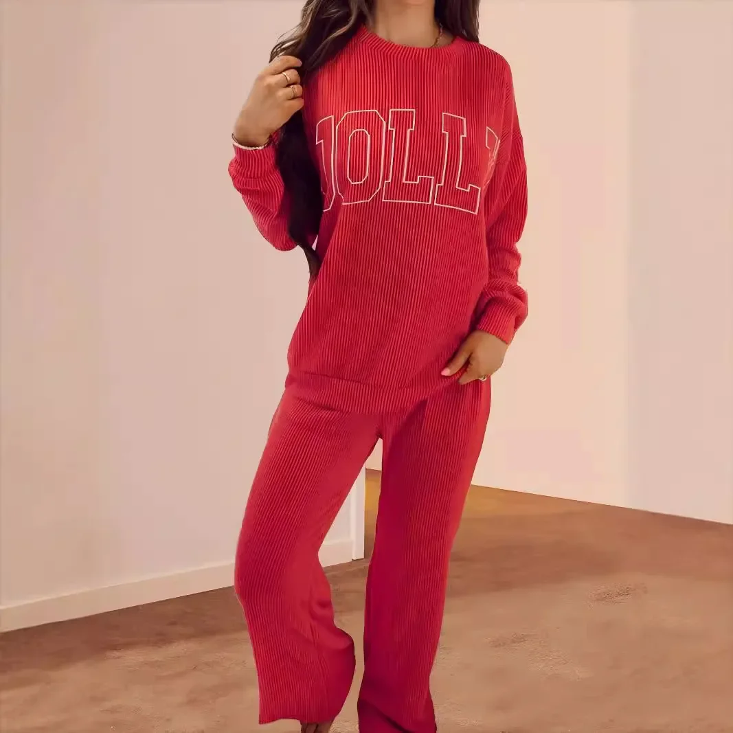 

2026 Christmas Sale Women Pajamas Set Loungewear Ribbed Long Sleeve Top and Pants with Pockets Lounge Sweatsuit Set Red Green