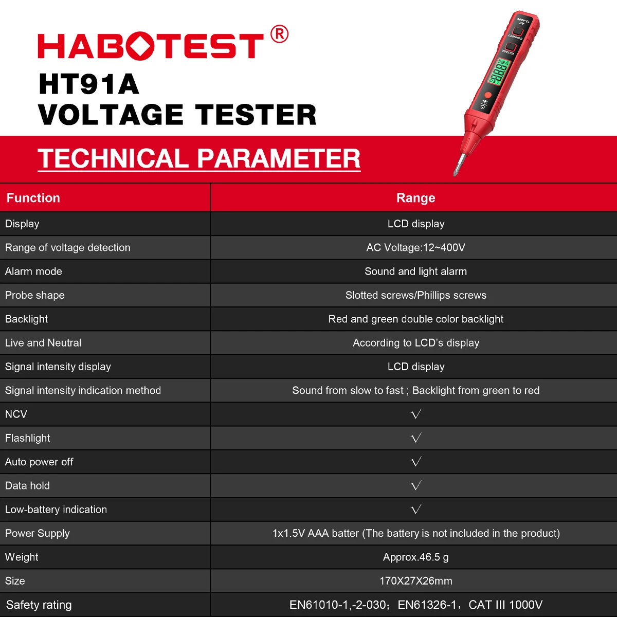 HABOTEST HT91A Pen Type Voltage Tester measurement of AC Voltage wire continuity detection AC Voltage Electrician Tester