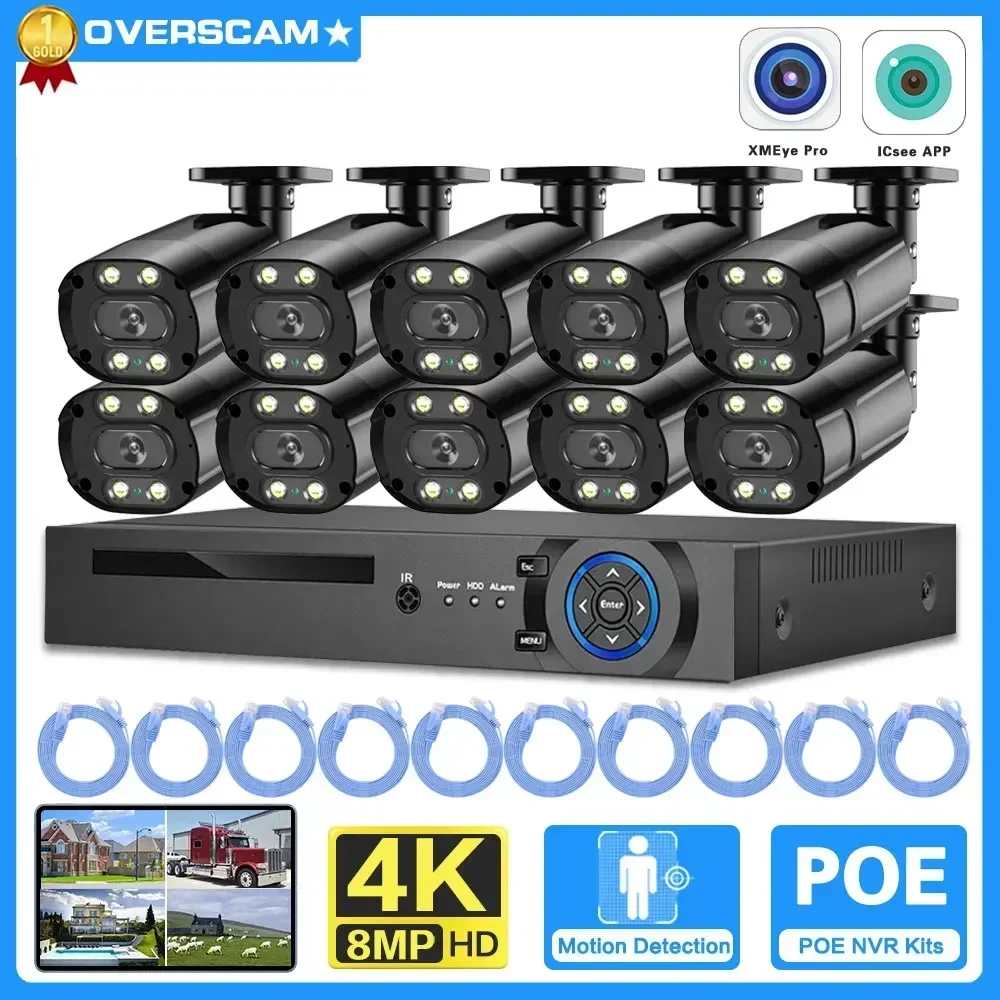 

10CH 8MP POE Surveillance Camera System 4K POE NVR Full Color Night Vision IP Bullet Camera Video security protection cctv Cam