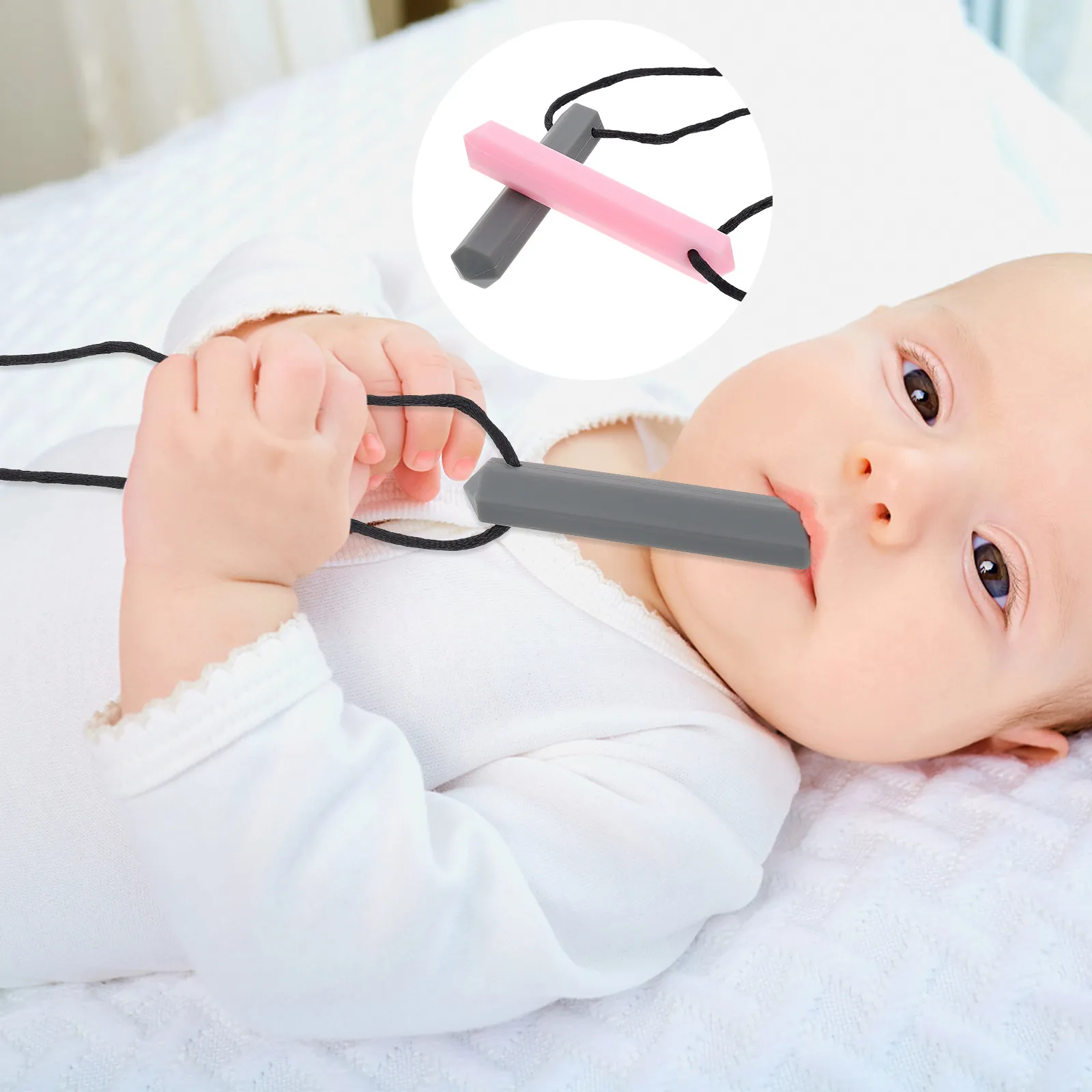 

2Pcs Fine Crafted Food Grade Silicone Baby Teether Pendant Chew Necklace Teething Aid Molar Rod Infant Teeth Grinding Tool
