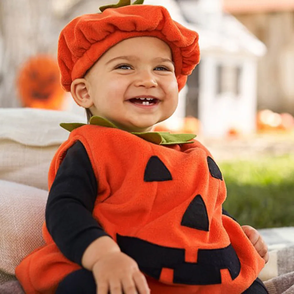 Halloween Costume Infant Sleeveless Jumpsuit Toddler Elastic One-Piece Velvet Onesie 0-5 Years Baby Pumpkin Romper with Hat Kids