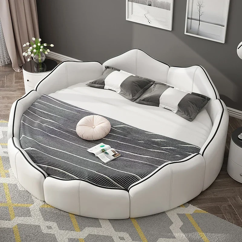 Leather round bed double bed princess  light luxury soft  lotus wedding bed