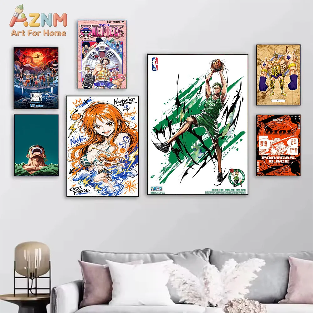 AZNM One Piece Zoro Luffy Nami Ace Franky Weekly Jump Manga Canvas Wall Art Anime Character Print Unframed Canvas Painting For B