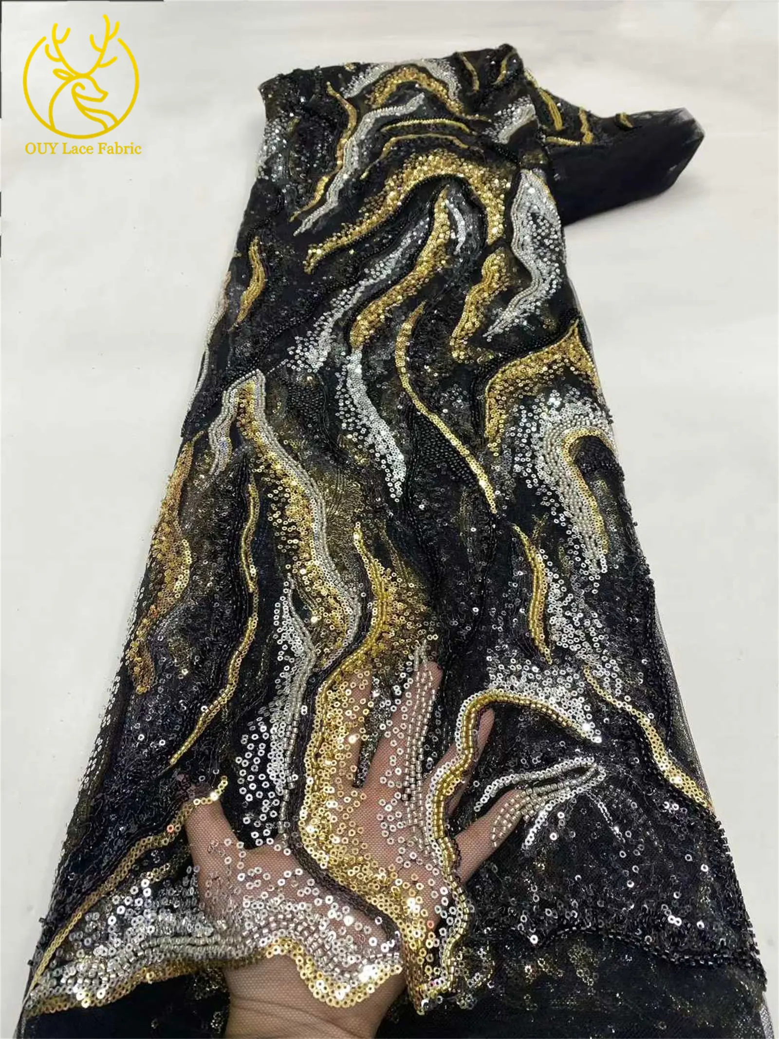 Luxuriöser nigerianischer Brautkleid-Stickerei-Perlen-Spitzenstoff 2026 – Hochwertiger afrikanischer Tüll mit Pailletten für Damen-Abendkleider zum Nähen – Detail 6