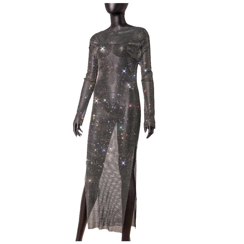Hochwertiges langes Kleid für Damen mit funkelnden Strass-Steinen, Fischnetz, Rundhalsausschnitt, lässiges Tanzkleid, ausgehöhlt, für Nachtclub-Partys – Detail 10