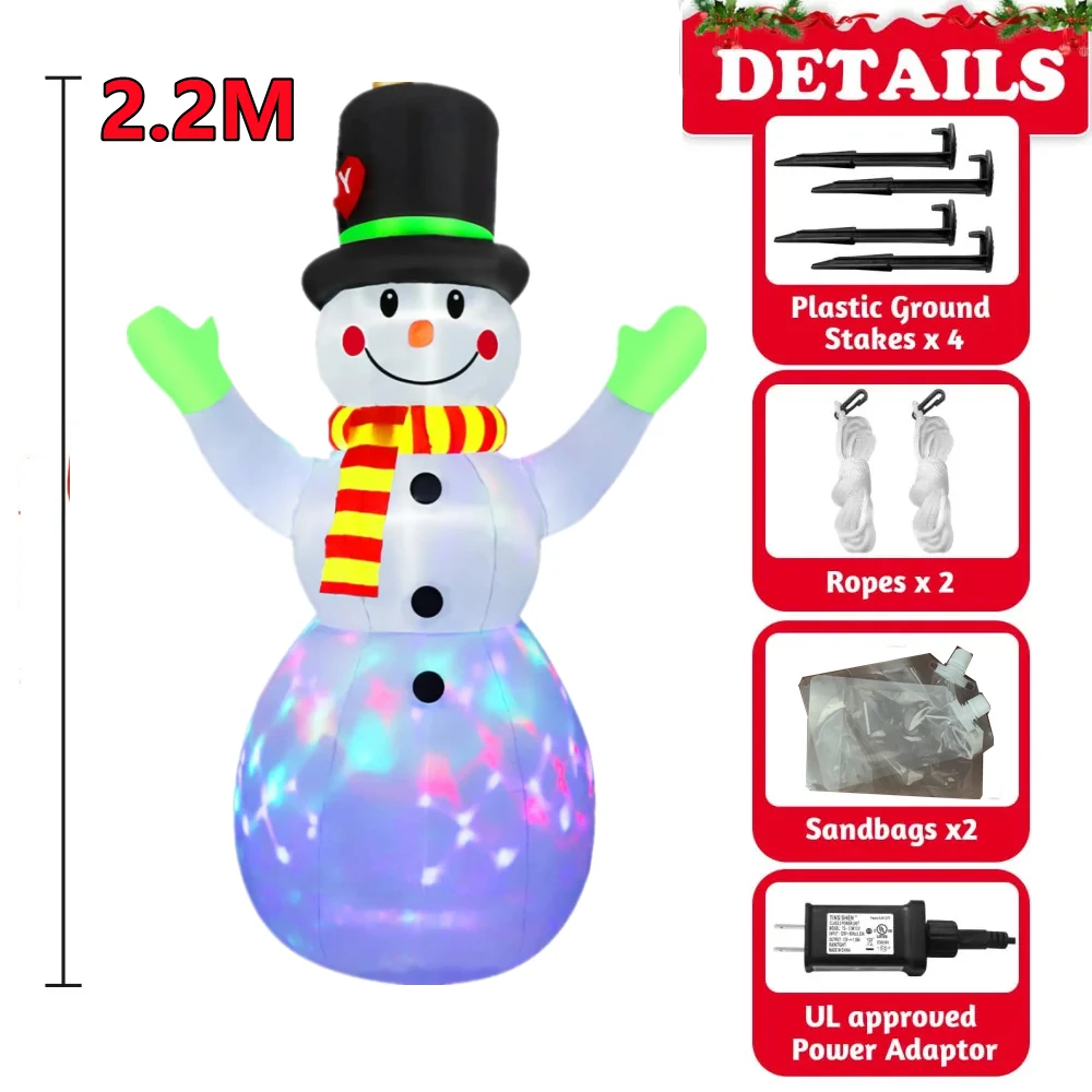 Luvas infláveis verdes para o Natal, modelo de boneco de neve ao ar livre com luzes led rotativas embutidas, decorações de natal internas e externas, 2.2m, 7ft