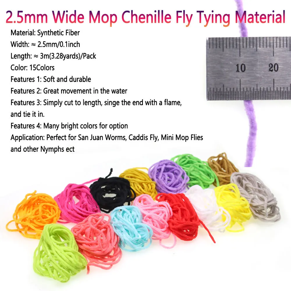 Bimoo 3M/Pack 2,5 mm Mop Chenille Fliegenbindematerial für Caddisfly Mop Fliegen, Nymphen, Squirmy Worms, Forellen- und Grauforellen-Angelköder – Detail 2