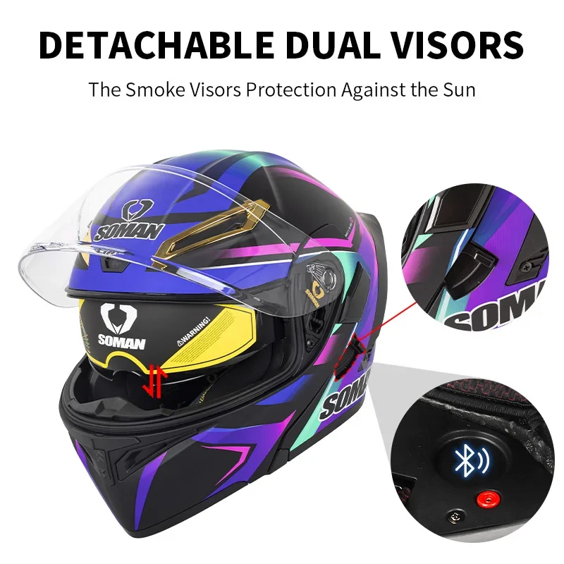 SOMAN-Capacete de motocicleta integral para homens e mulheres, lente dupla, capacetes flip-up, viseira aprovada DOT, acessórios de moto racing