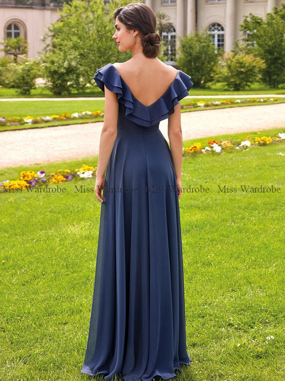 Elegant Navy Blue Bridesmaid Dress Off Shoulder Ruffles Chiffon A Line Formal Evening Party  Floor Length