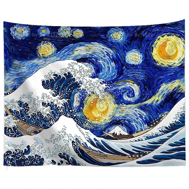 Japanese Art Wall Hanging The Great Wave Off Kanagawa Colorful Aesthetic Starry Night Tapestry For Bedroom Decor