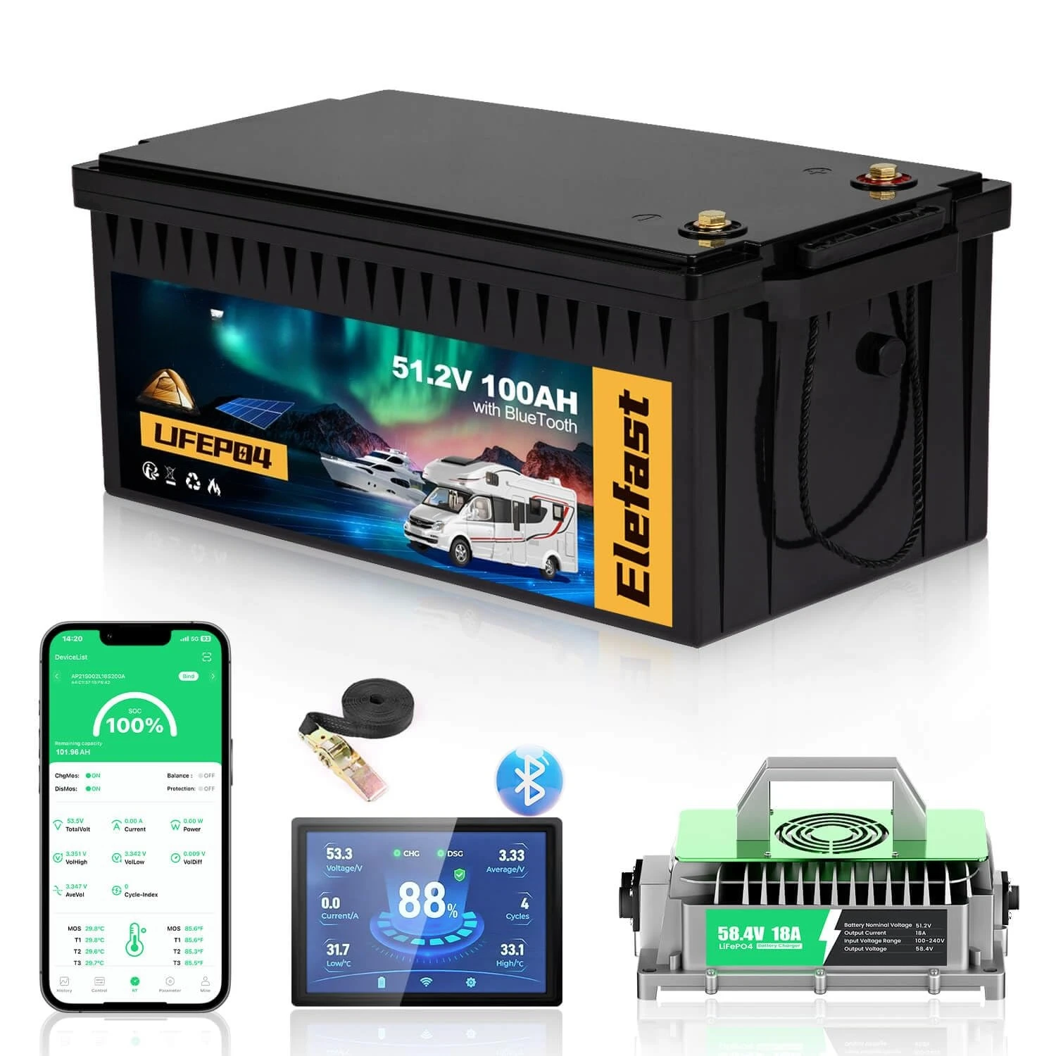 48V 100Ah Lithium Golf Cart Battery LCD Touch Monitor 58.4V 18A Charger Smart 200A BMS Bluetooth Peak 1000A Custom