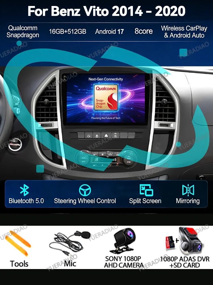 Android 17 Autoradio für Mercedes Benz Vito 3 W447 2014 2015 2016 2017 - 2020 QLED Qualcomm 4G LTE 5G WIFI BT GPS NAVI 2DIN