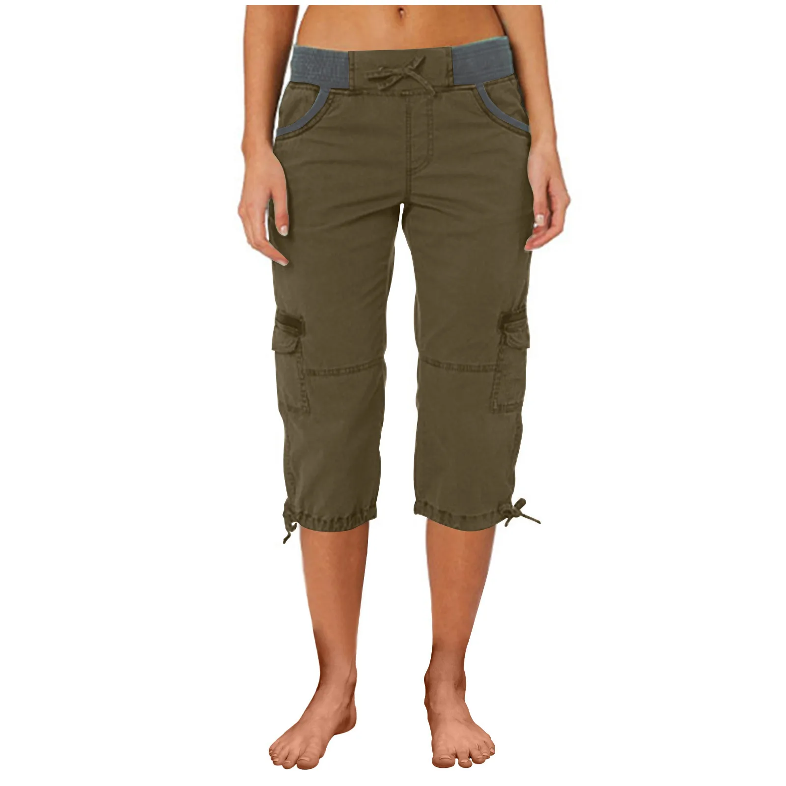 2026 Women's Summer Casual High Waist Drawstring Pocket Workwear Pants Solid Loose Wide Leg Extendable Cuffs 7-inch Pants Female