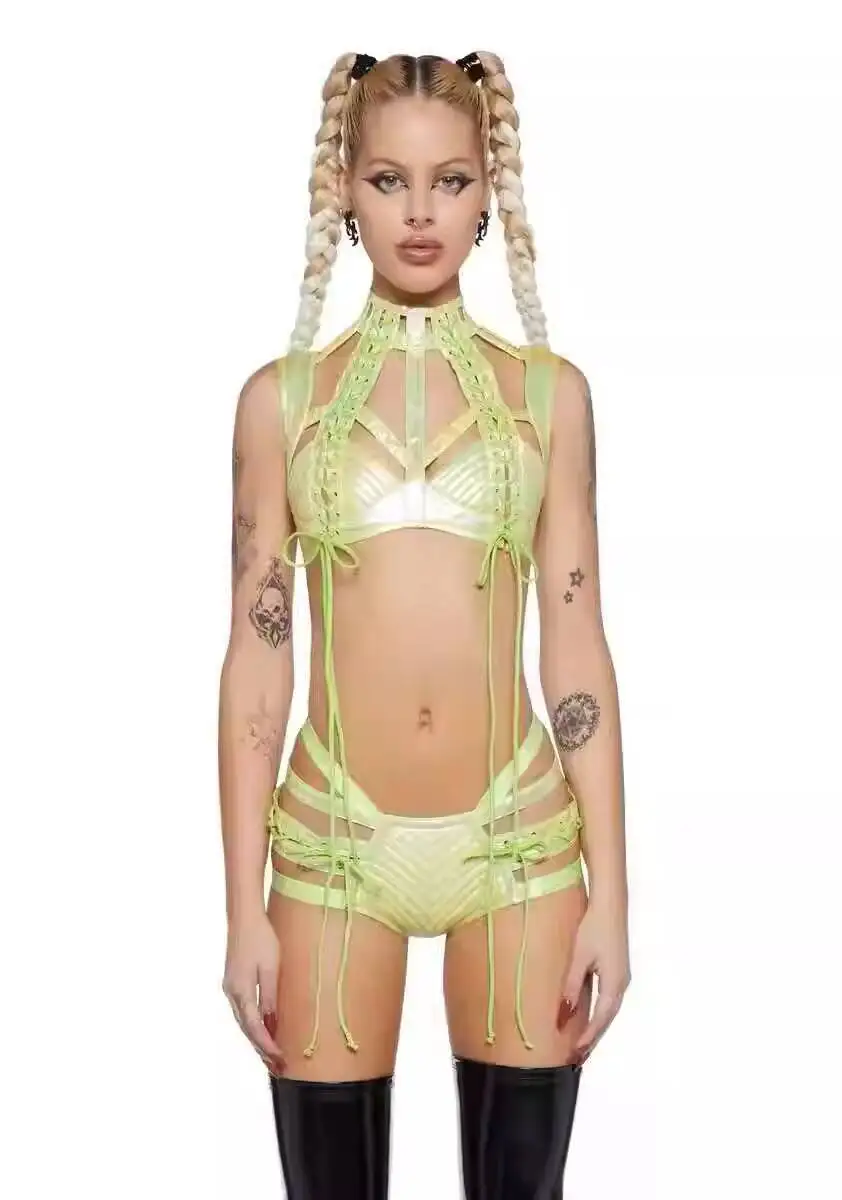 مهرجان الموسيقى الجديد أوروبا وأمريكا هوتي مثير التعادل الاستيقاظ الظلام القوطي ملابس النساء سترة حمالات الصدر الجوف خارج القمم السراويل