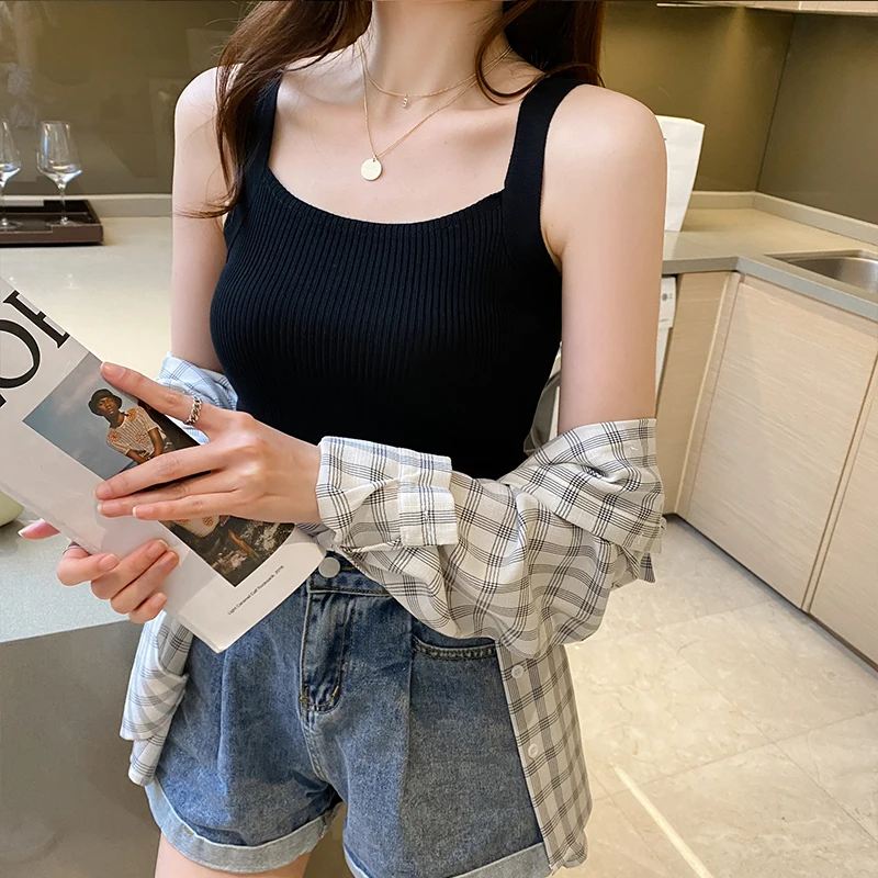 

Summer Square-Neck Knit Tank Top Women Black Beige White Green Khaki Blue Sleeveless Top Korean Style Elegant Ladies Camisole