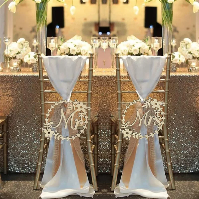 Floral Wooden Mr And Mrs Wedding Chair Signs, Bride Chair Decor, Groom And Bride Chair Sign Wedding Signs Durable Easy Install-A