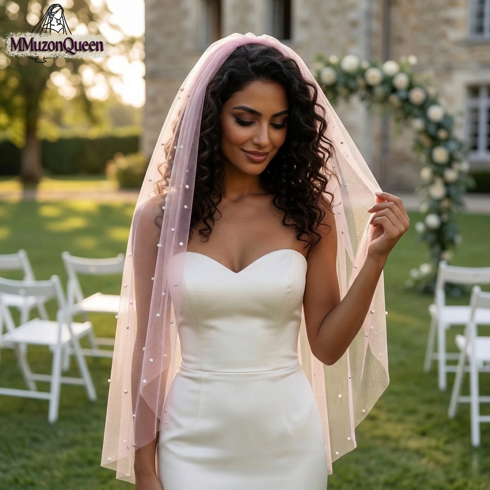 Véu de Noiva Curto TOPQUEEN Rosa com Pérolas, Decoração de Pérolas, Transparente e Macio, 1 Camada, Complementos de Casamento Personalizáveis M61