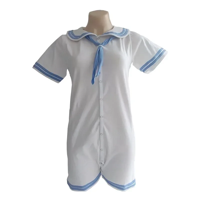 White Blue Sailor Romper With Snaps Soft Comfortable Onesie ABDL Adult Bodysuit Unisex Pajamas Couple Jumpsuit Home Playsuits view 2