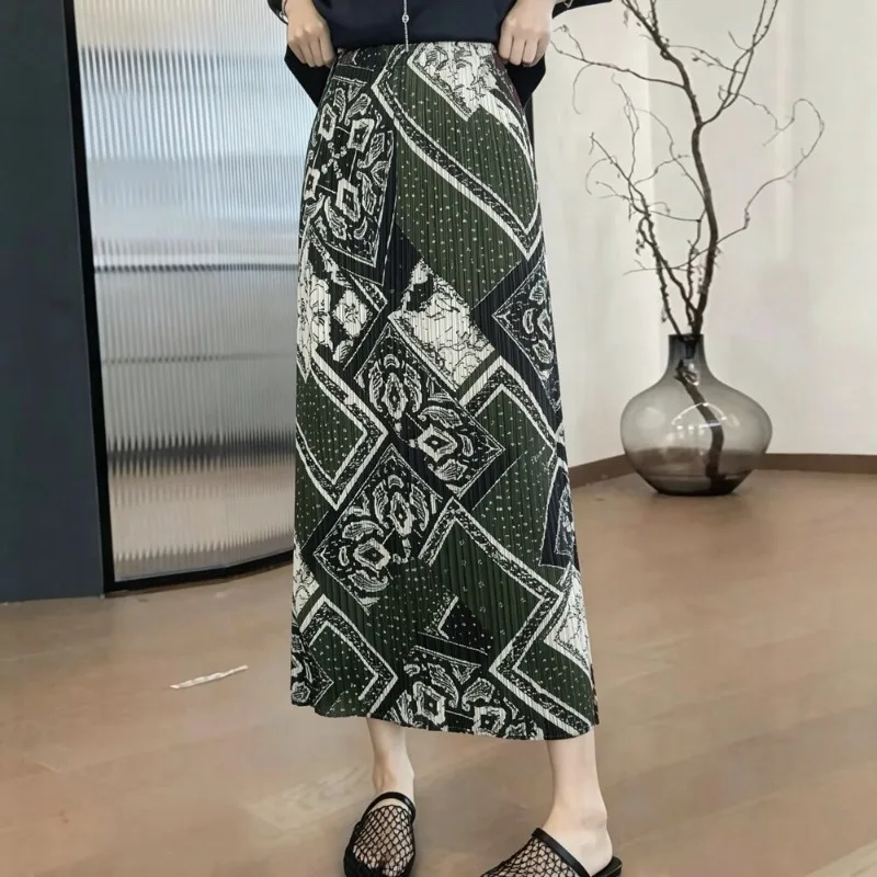 Miyake Pleated 2026 New Original Retro Ethnic Print Fashion Casual Skirt Women Summer Thin High Waist Versatile Straight Skirt