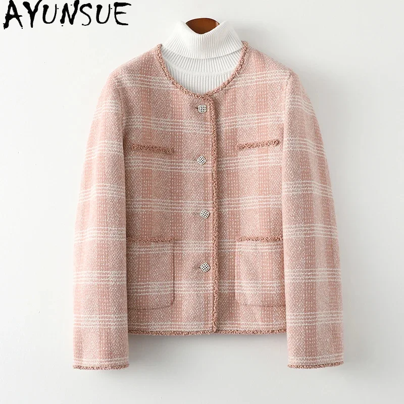 

Elegant AYUNSUE Short Wool Coats for Women 2024 Fall Winter 52% Jacket Casual Pink Plaid en Coat Chaquetas Para Mujeres