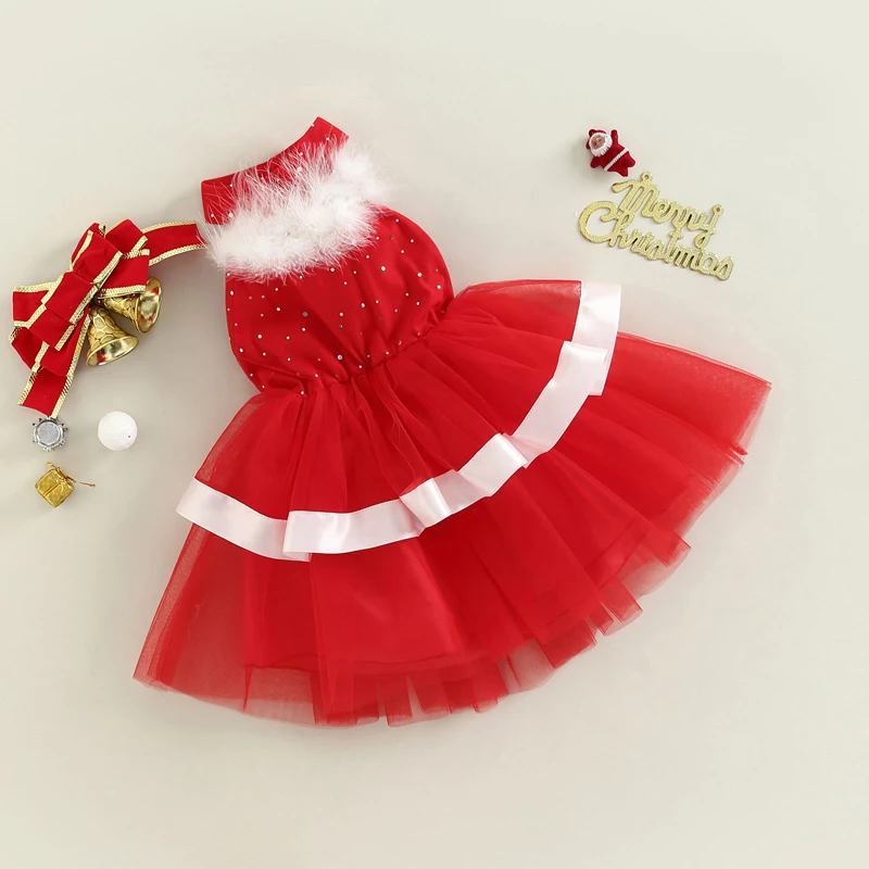 Kids Girls Christmas Dress Sleeveless Halterneck Sequined Tulle Princess Xmas Dress Costume