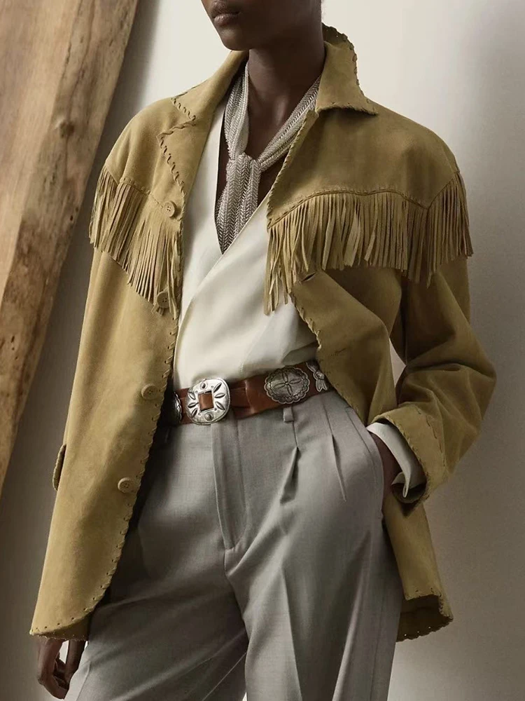 

Spring Autumn Fashion High Quality Brown Sheepskin Vintage Jacket Women's Turn-down Collar Tassel Fake Pocket Loose Jacket