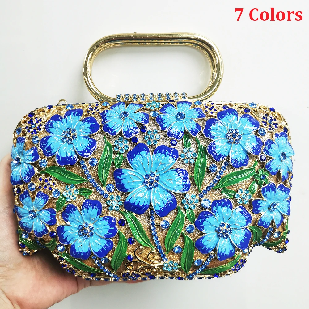 

7 Colors Flower Top-Handle Crystal Purses Luxuxy Designer Rhinestone Women Evening Cluches Fashion Ladies Diamond Wedding Bags