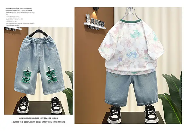 2pcs set Boys Short sleeved Set 2024 New Children\'s Printed Thin T-shirt+ hole Denim Shorts Teenager Boys Summer Fashion outfits