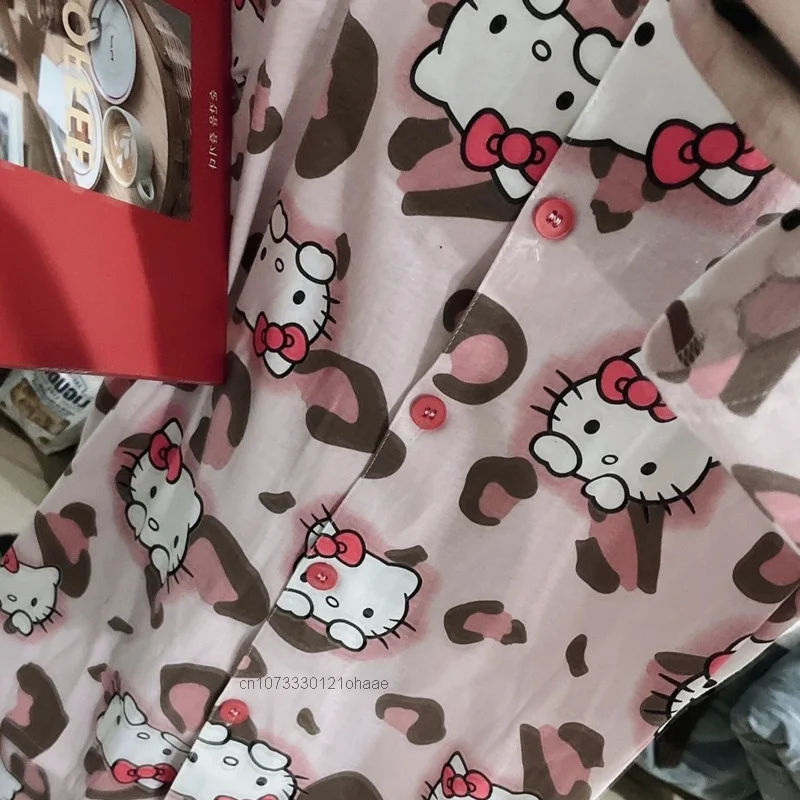 Sanrio Hello Kitty Leopard Print Long Sleeve Top Shirt Loose Pants Spring Pajamas Suit Women 2 Piece Set Cartoon Pink Sleepwear