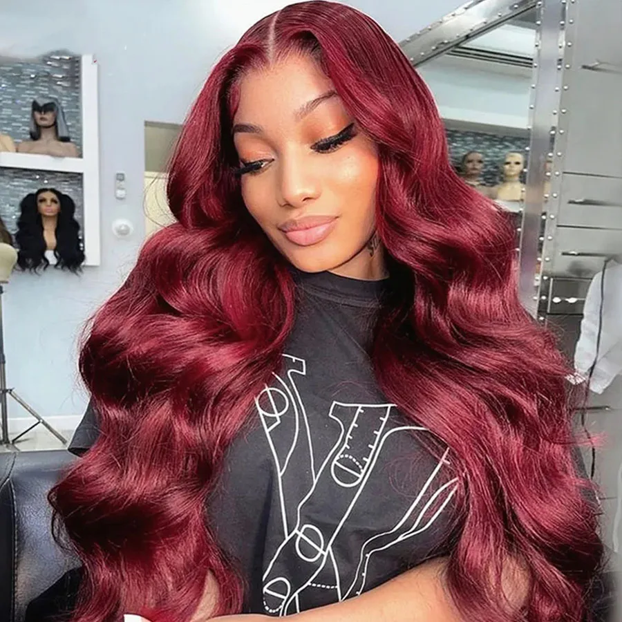 

250 Density 99j 13x6 HD Red Burgundy Body Wave Lace Front Wig Glueless 13x4 Transparent Lace Frontal Human Hair Wigs Pre Plucked