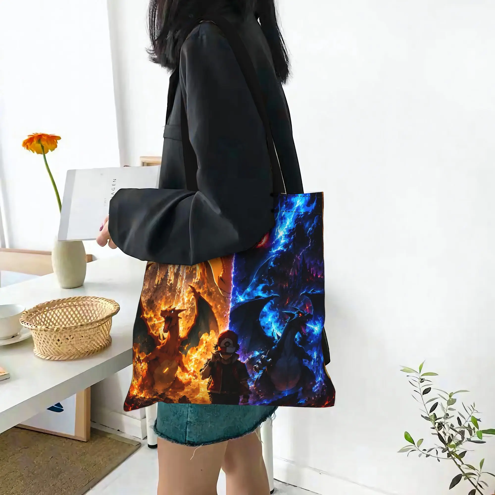 Customized Pokemon Red And Black Charizard Women's Bag Shopping Bag Reusable Double Sided Canvas Tote Bag Shoulder  Handbag
