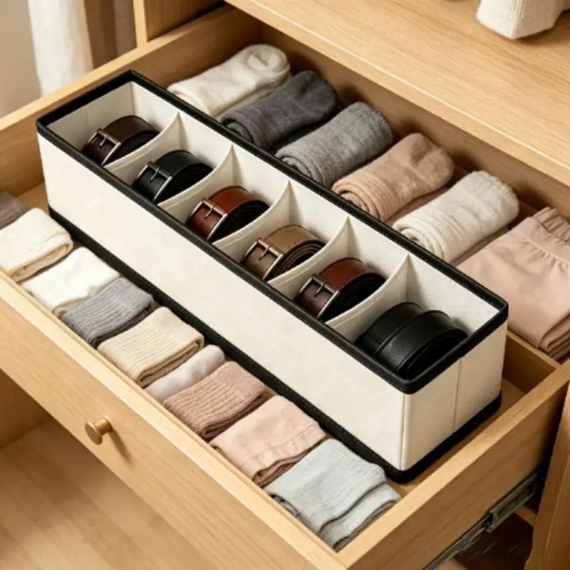 Belt Storage Organizer 6 Compartments Faux Leather Drawer Holder Classified Storage for Home Wardrobe Scarf Organization