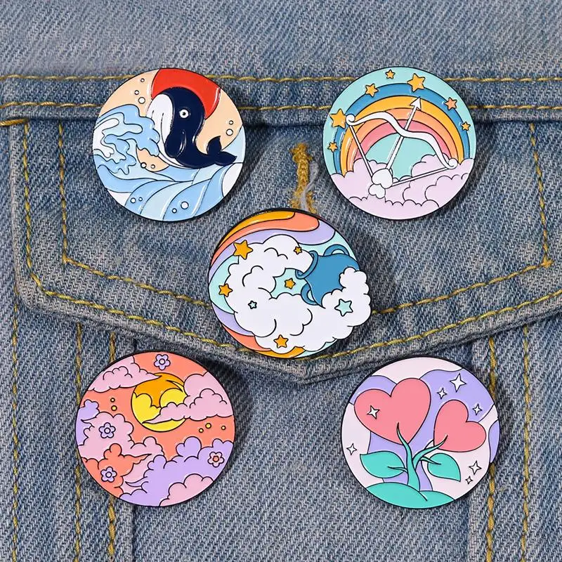 

Enamel Pins Custom Rainbow Sunset Clouds Ocean Whale Flower Brooch Lapel Badge Jewelry Gift for Kids Friends Nature Oil Painting