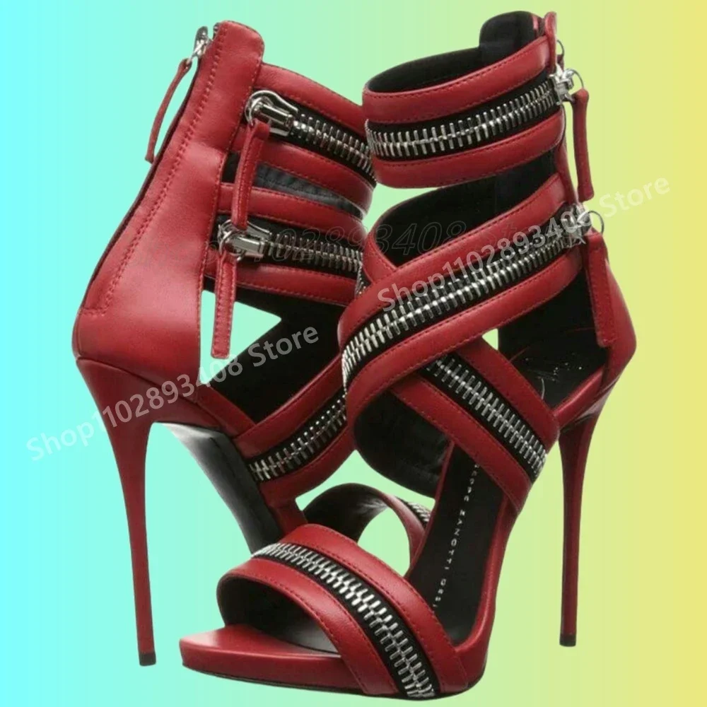 

Open Toe Red Matte Sexy Zipper Decor Hollow Sandals Stiletto High Heel Work Shoes Women Shoes 2025 Summer Zapatos Para Mujere