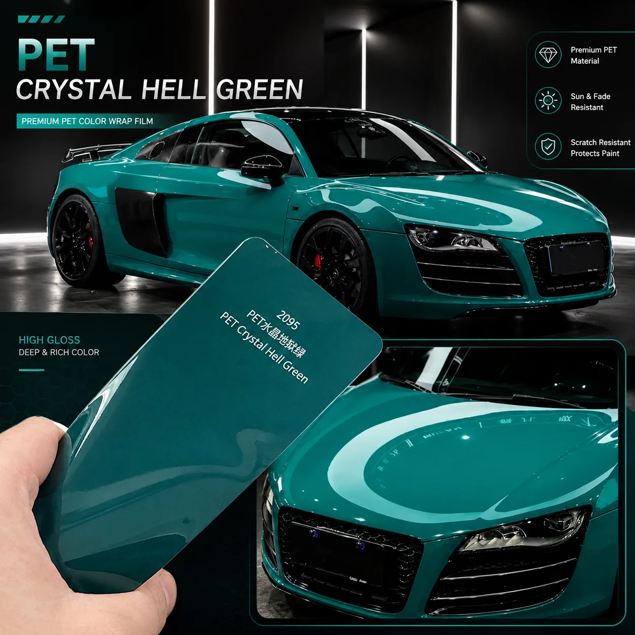 1.52x18m Super Bright Crystal Hell Green PVC Car Wrap Vinyl Color Shift Bubble Free Air Release Full Body Film