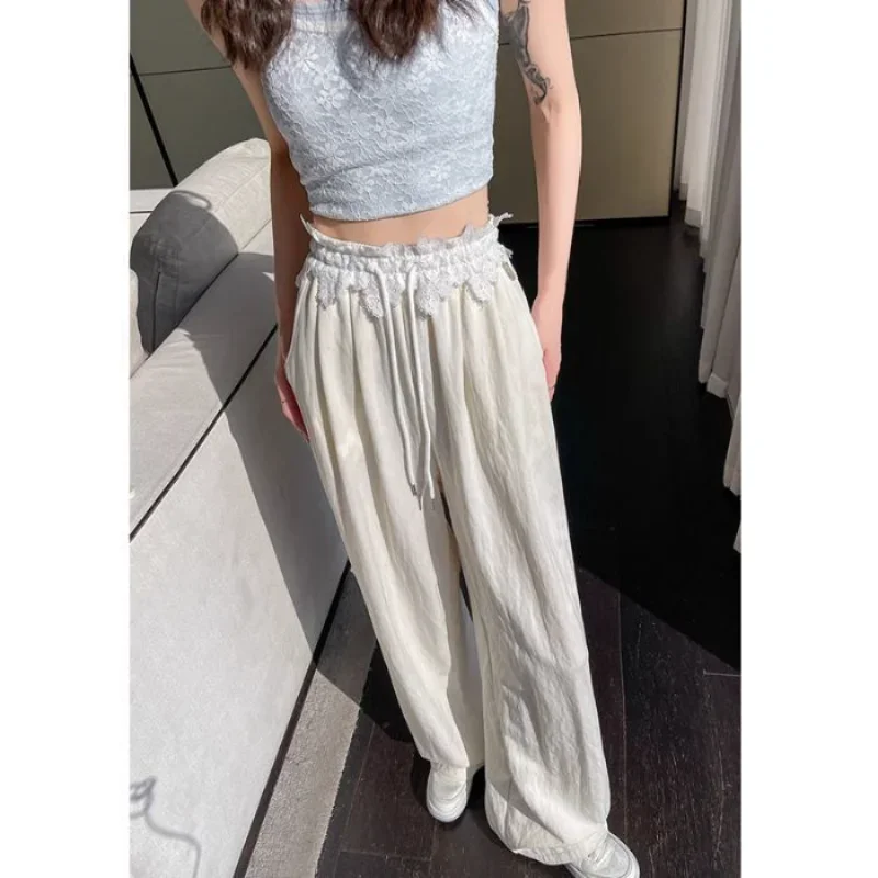 Thin High-waist Lace Spliced Loose Casual Pants Lazy Style Apricot Wide-leg Women's Spring and Autumn